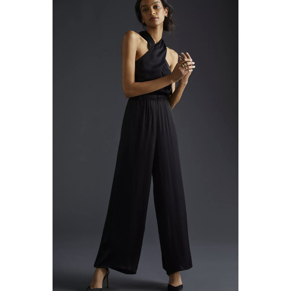 NEW Anthropologie Dolan Left Coast Black Satin Halter Jumpsuit - Various